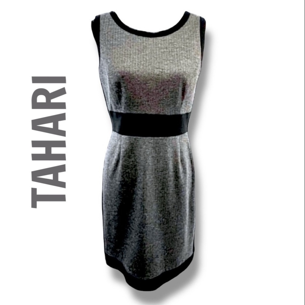 TAHARI ARTHUR LEVINE Sleeveless gray herringbone with black trim dress NWT 6P